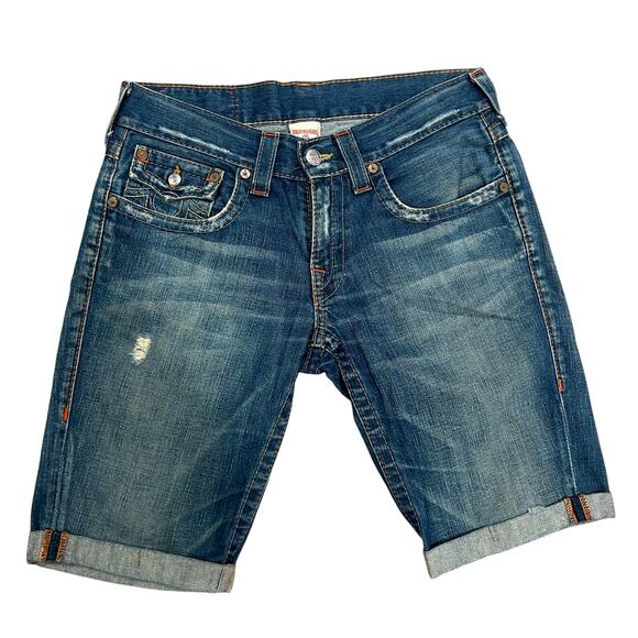 True Religion Joey Jean Shorts Mens Size 32‎ Blue Roll Cuff Streetwear Grunge - Picture 1 of 14